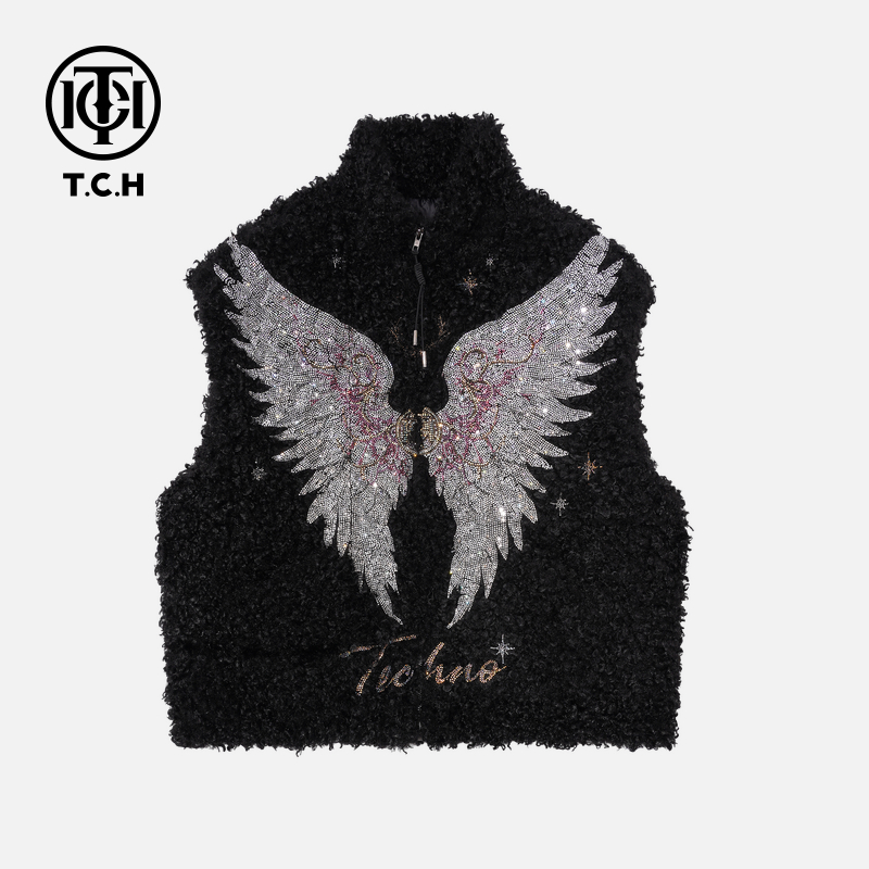 TCH-时尚潮牌翅膀星星烫钻黑色毛毛马甲女装T75D01E5000