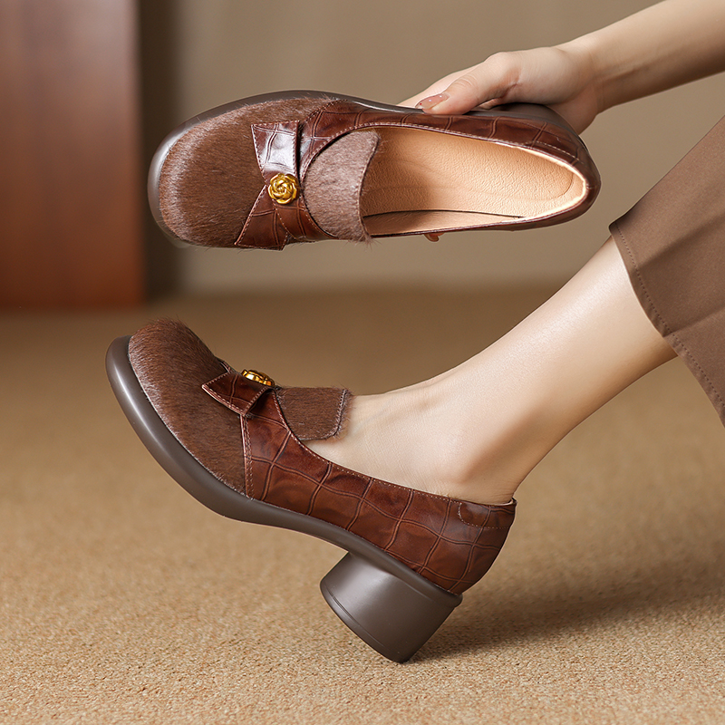 4.5厘米粗跟圆头真皮拼色马毛单鞋女时尚百搭洋气春秋季2025新款