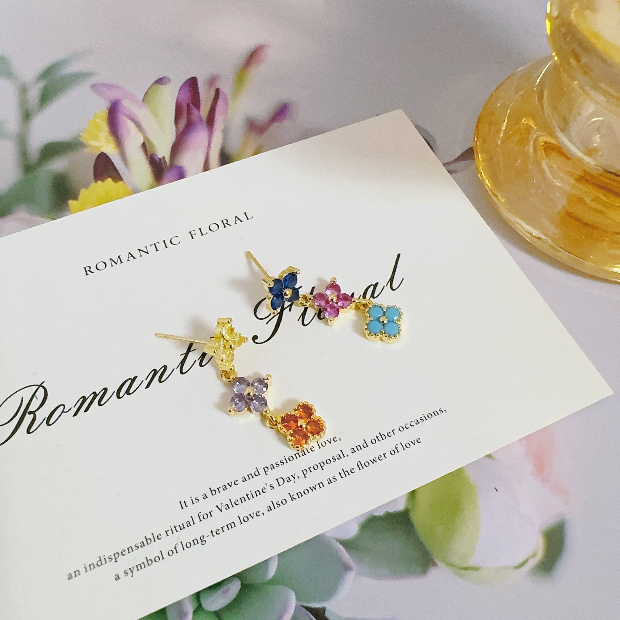 铜合金锆石耳饰 5047多彩四叶草流苏耳钉