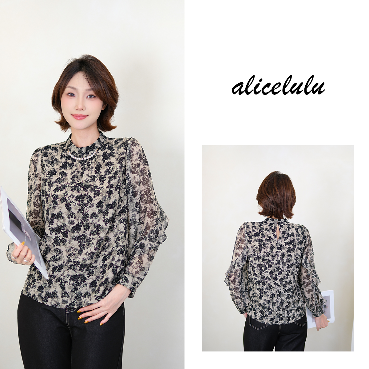 2[alicelulu] 优雅复古绝美印花珍珠衬衫长袖上衣 S2144253E