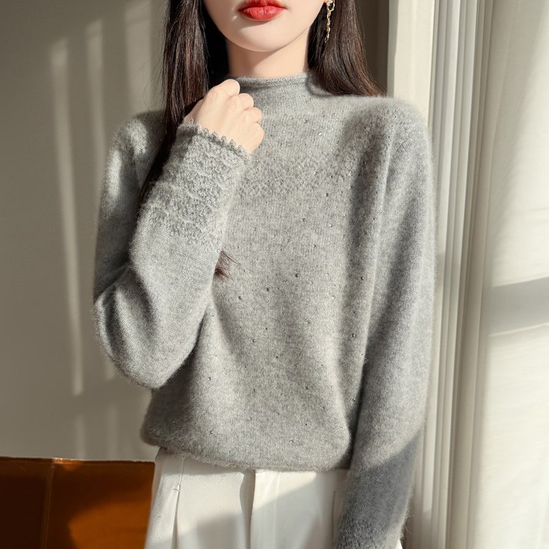 轻奢洋气~冬季新款100纯羊毛女亮钻重磅钩花加厚半高领针织打底衫