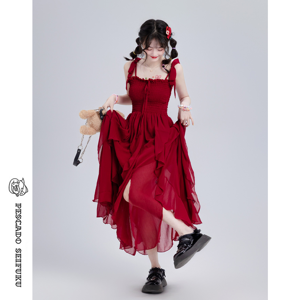 黑色吊带夏季甜美小个子少女仙女裙荷叶边红色红色裙子