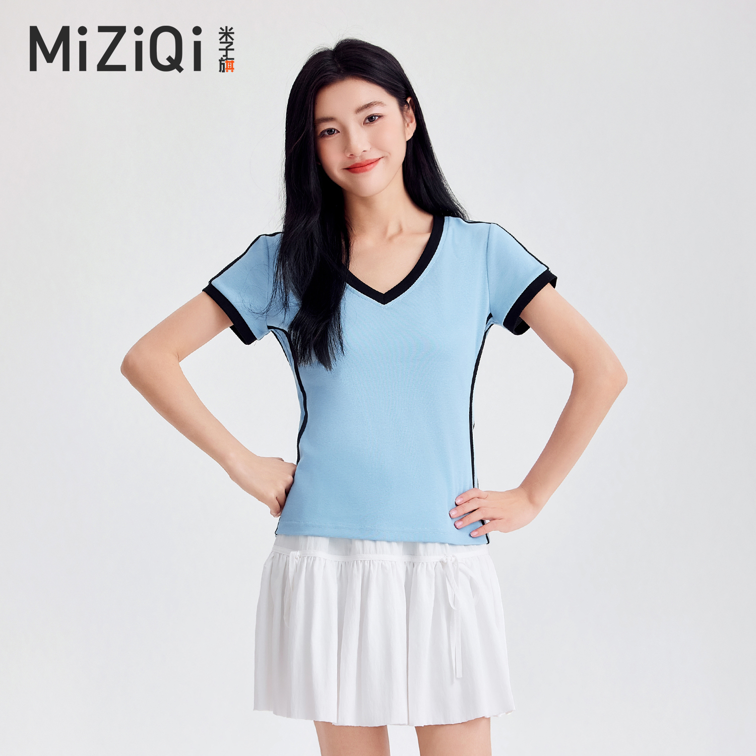 修身短袖t恤女2025新款爆款夏季蓝色正肩收腰撞色设计感小众上衣