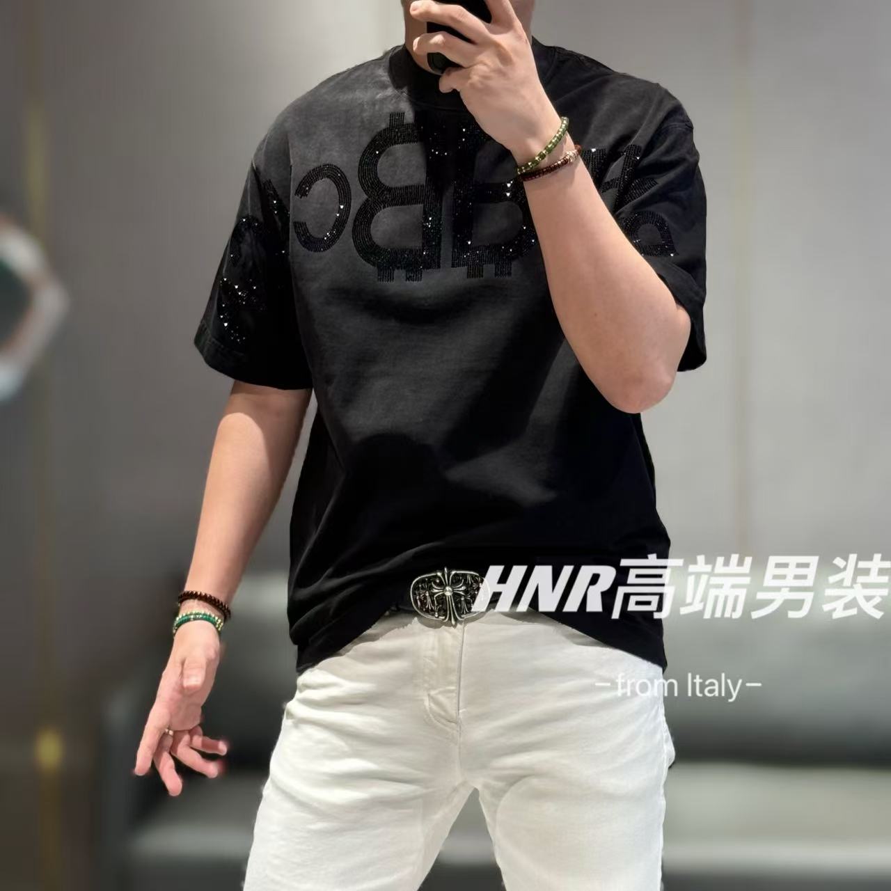 全棉阔版潮牌溜肩设计做旧工艺字母奥钻点缀高克重短袖T恤007