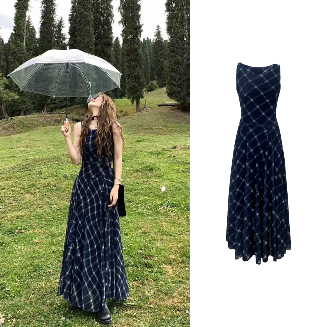  设计款网纱扭结格纹背心裙C 9121#