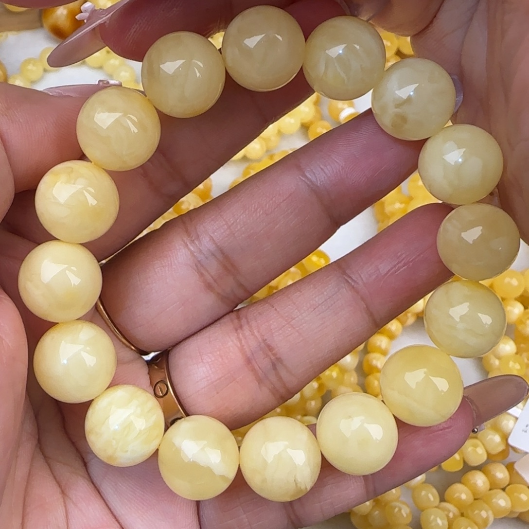 蜜蜡未镶嵌手串白花圆珠手串