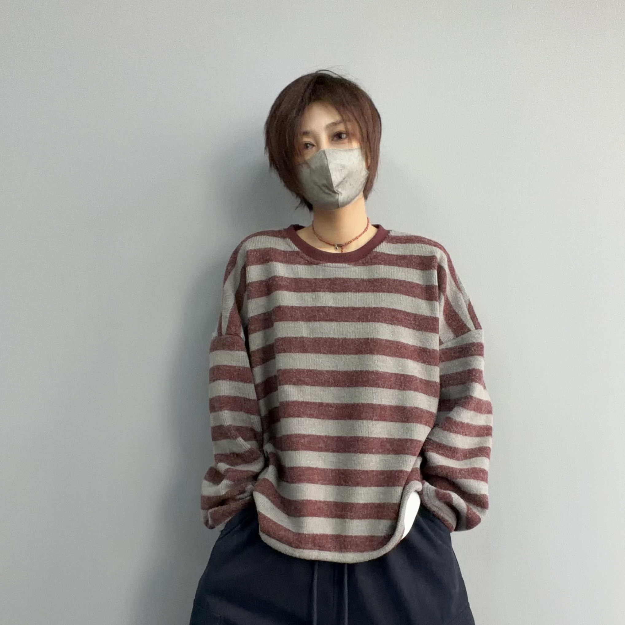 S131 加绒做旧条纹 T恤长袖休闲宽松圆领套头百搭复古拼色