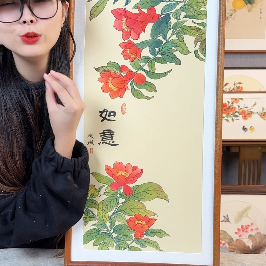 国画纯手绘，纯手写带框尺寸：36×69厘米