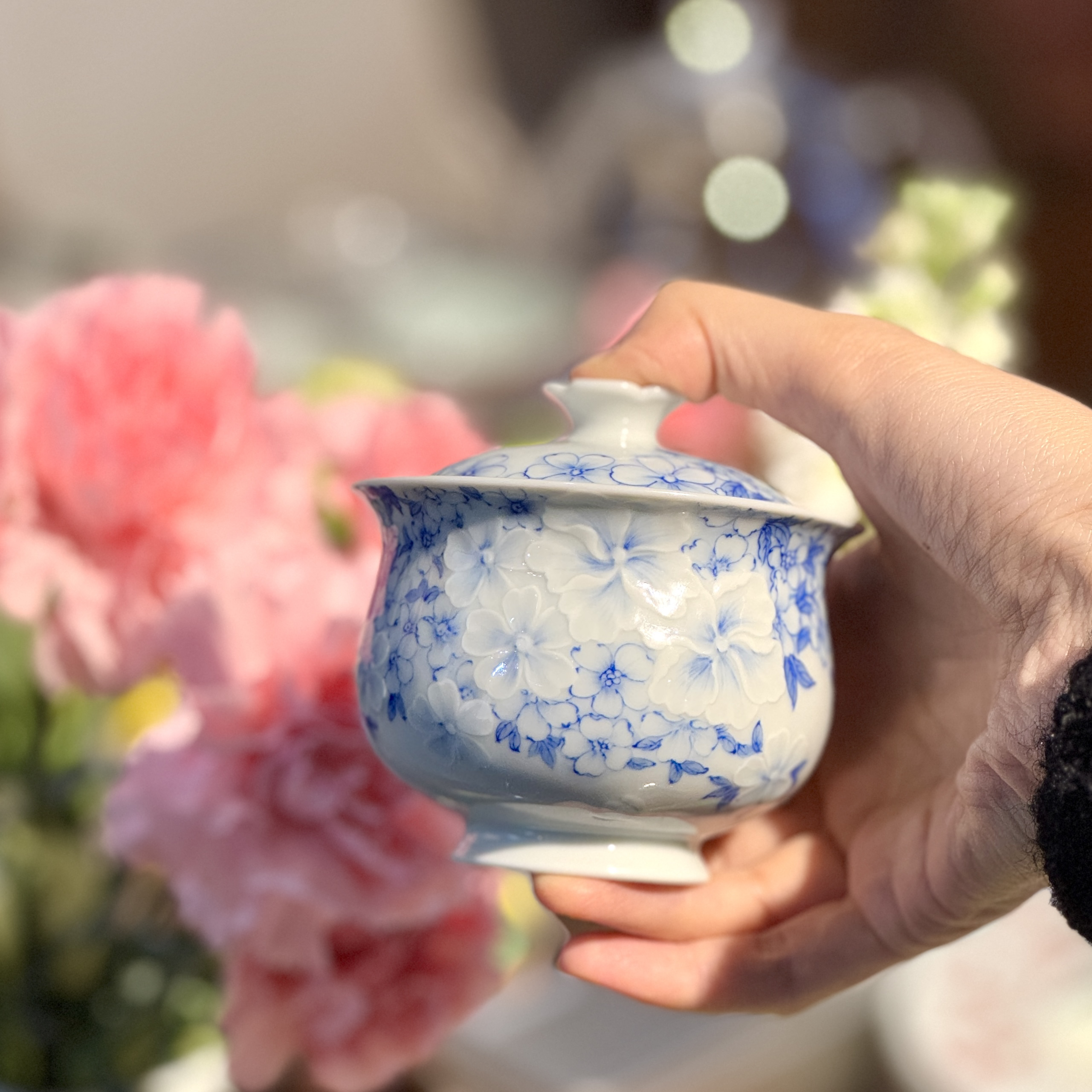 青樵轩  樱花雕刻盖碗 品茗陶瓷纯手工茶具饮茶器