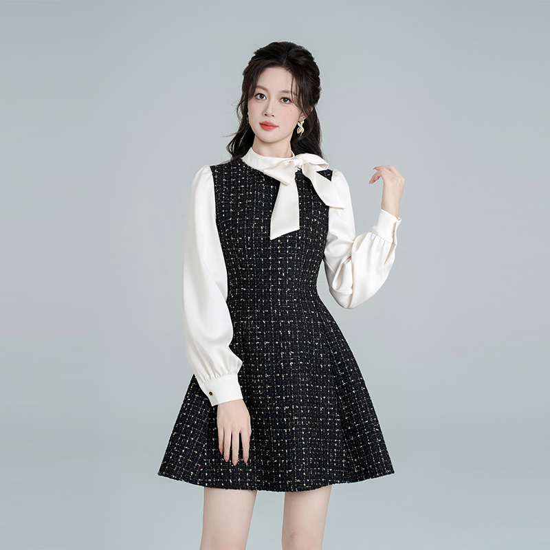 【潘潘】【有里布】假两件小香风蝴蝶结连衣裙女名媛收腰a字裙D3974