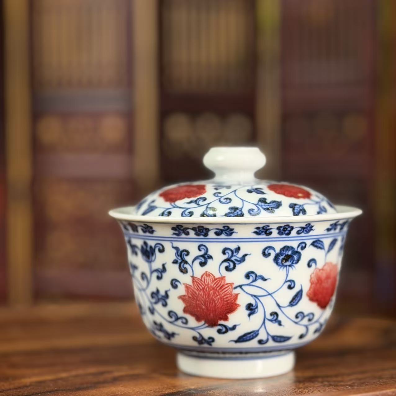 屹朴青花釉里红四时花缠枝莲盖碗YP100纯手工陶瓷