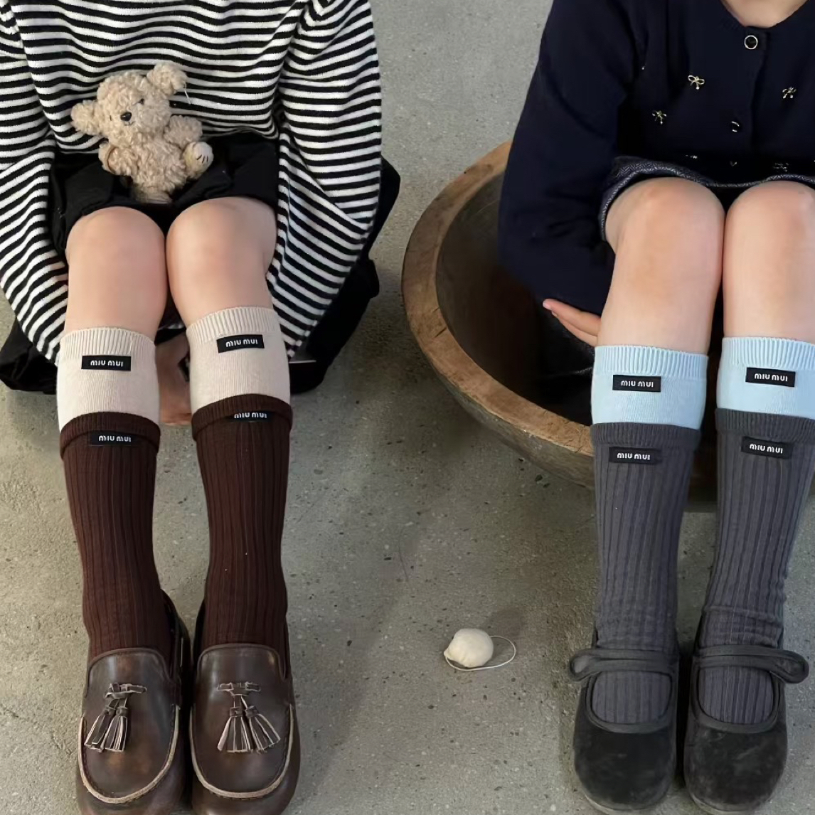 秋冬新款竖条纹撞色韩系ins风堆堆小腿中筒女袜