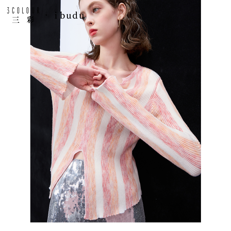 【可可专属】三彩ibudu2025春季新款晕染条纹针织衫V领dbx