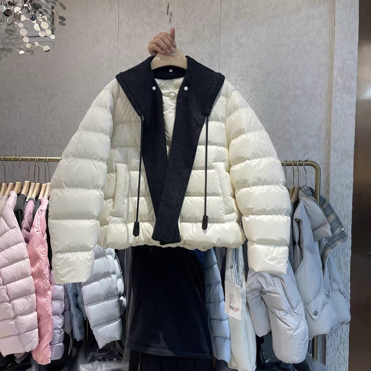 冬季女短款韩版可拆卸针织围巾白鸭绒加厚宽松外套潮流