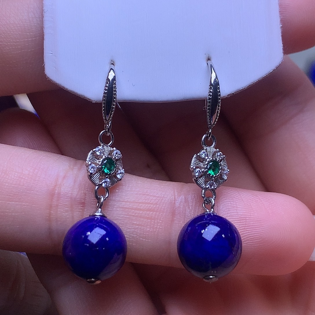 青金石银S925镶嵌耳饰10.7m