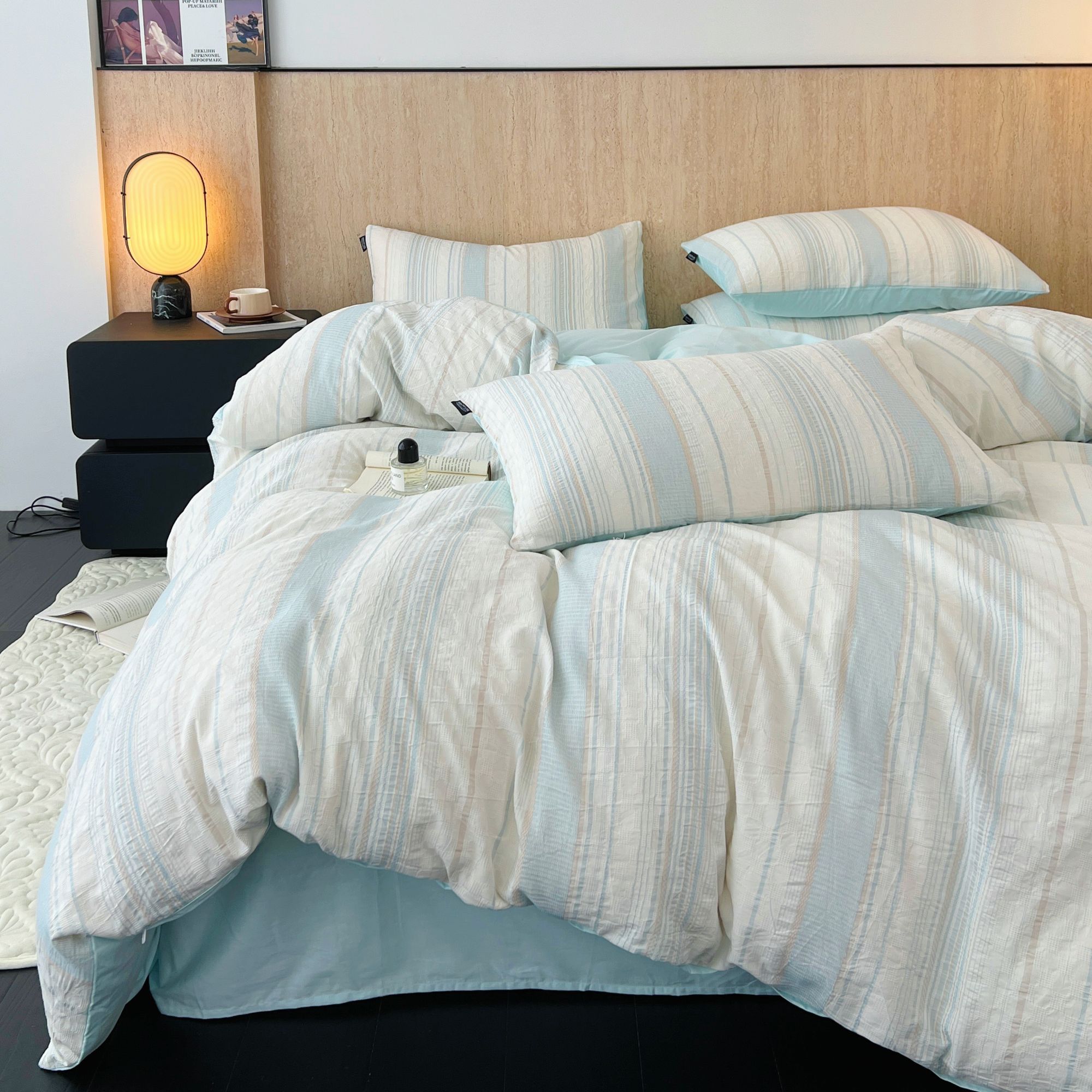 小玲子家纺 蔚蓝海岸系列 A类华夫格全棉提花四件套 简约三件套