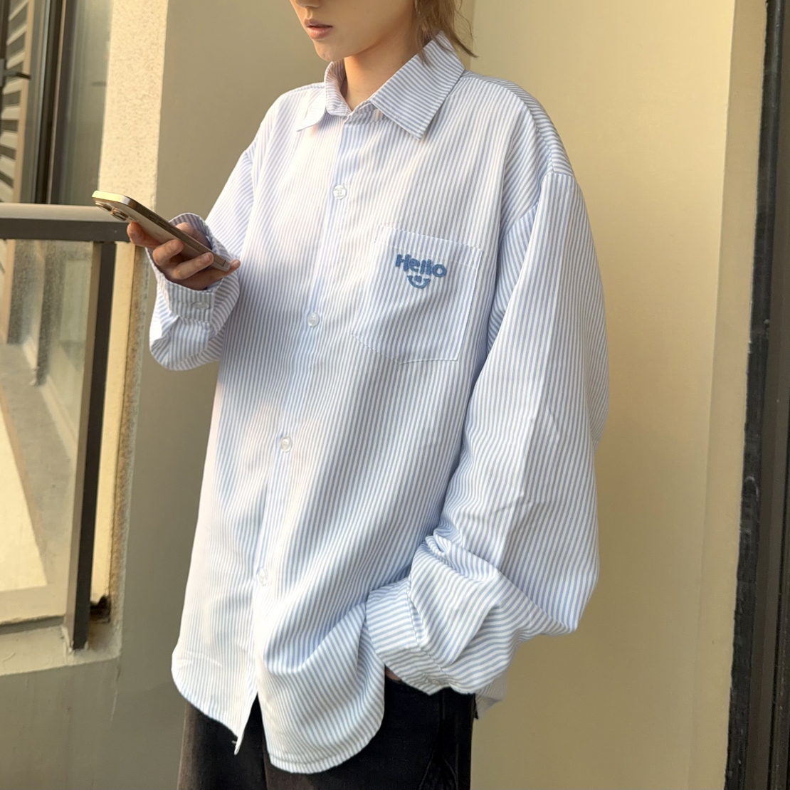 【CJJ嘉】内搭男女款口袋立体刺绣长袖衬衫春夏竖条纹宽松情侣衬衣