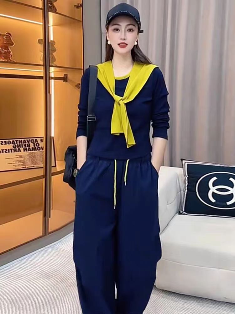 秋季时尚百搭洋气显瘦流行披肩两件套T恤（黄色披肩）