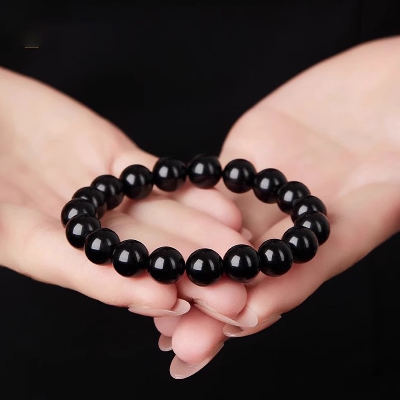 乌金黑曜石手串天然彩虹眼黑曜石手链素珠情侣男士手链天然黑曜石