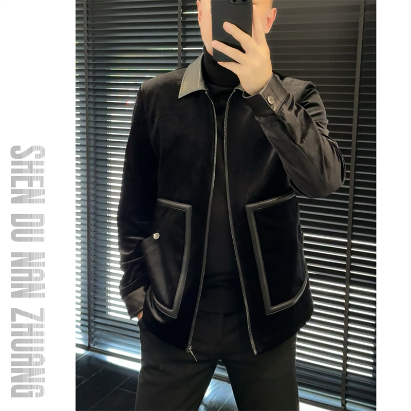 SHEN&DU男装｜高奢金丝绒拼绵羊皮翻领夹克外套88261