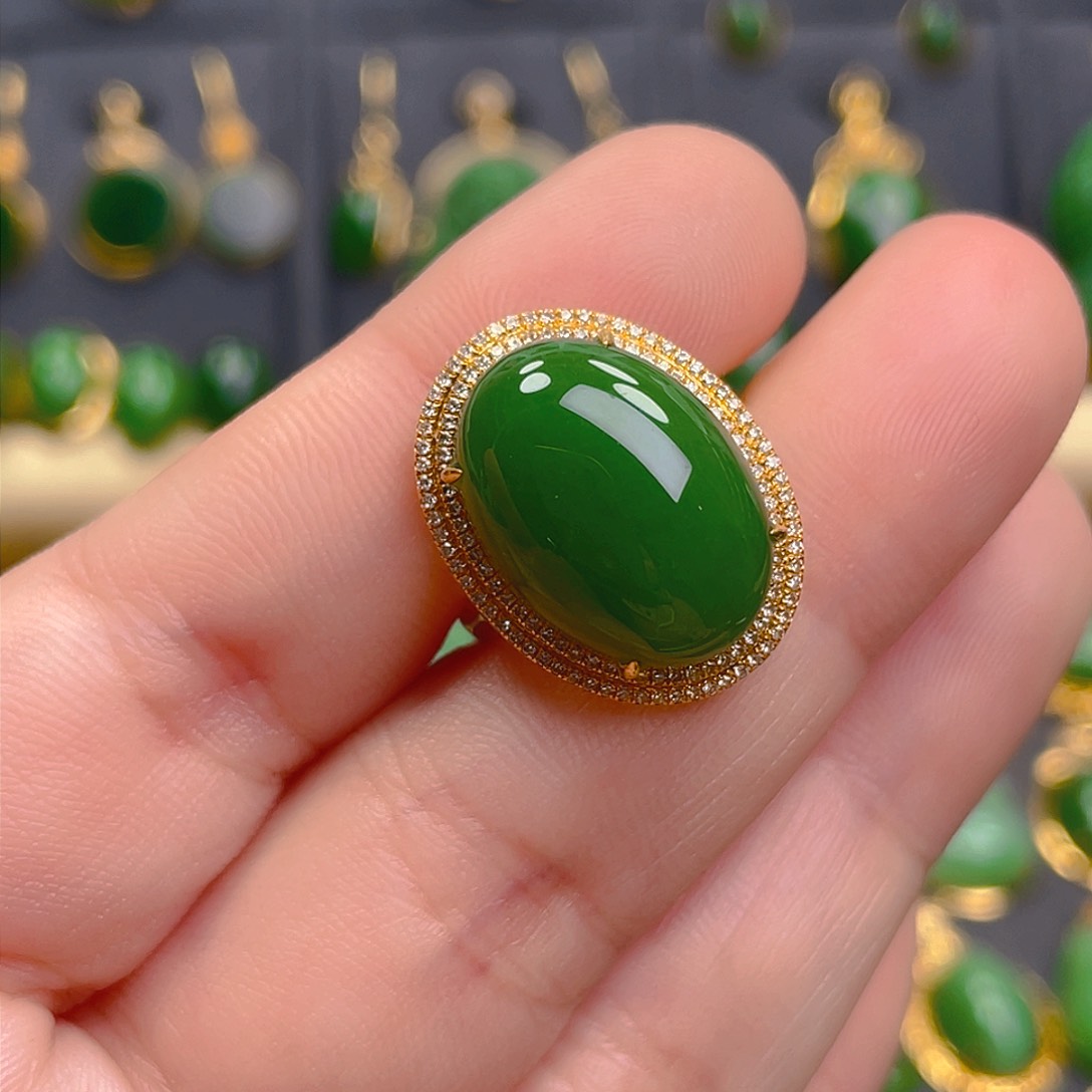 和田玉（碧玉）戒指18K金镶嵌3980