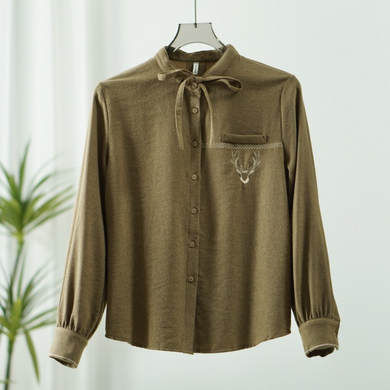 【诗M】  Y099  时尚系带刺绣衬衫卡其2501222