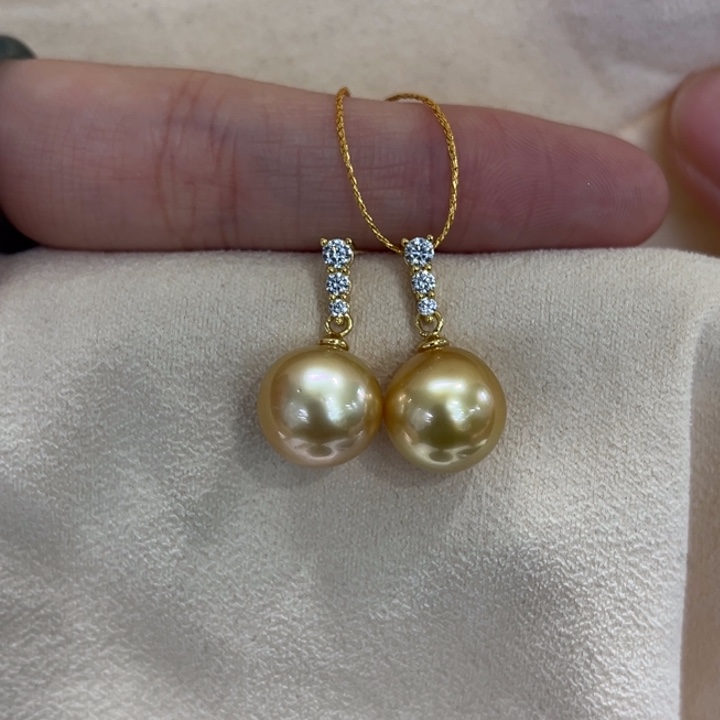 银S925镶嵌耳饰海水珍珠金珠11-12m 151号