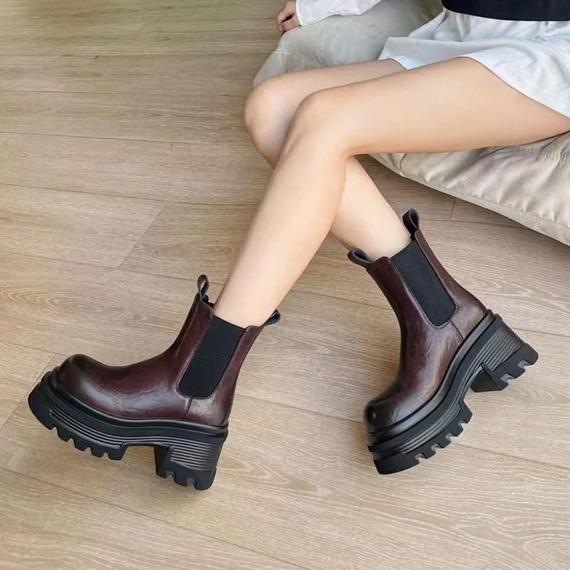 厚底英伦风烟筒靴显高二层牛皮时尚马丁靴婳然定制复古短靴女鞋潮