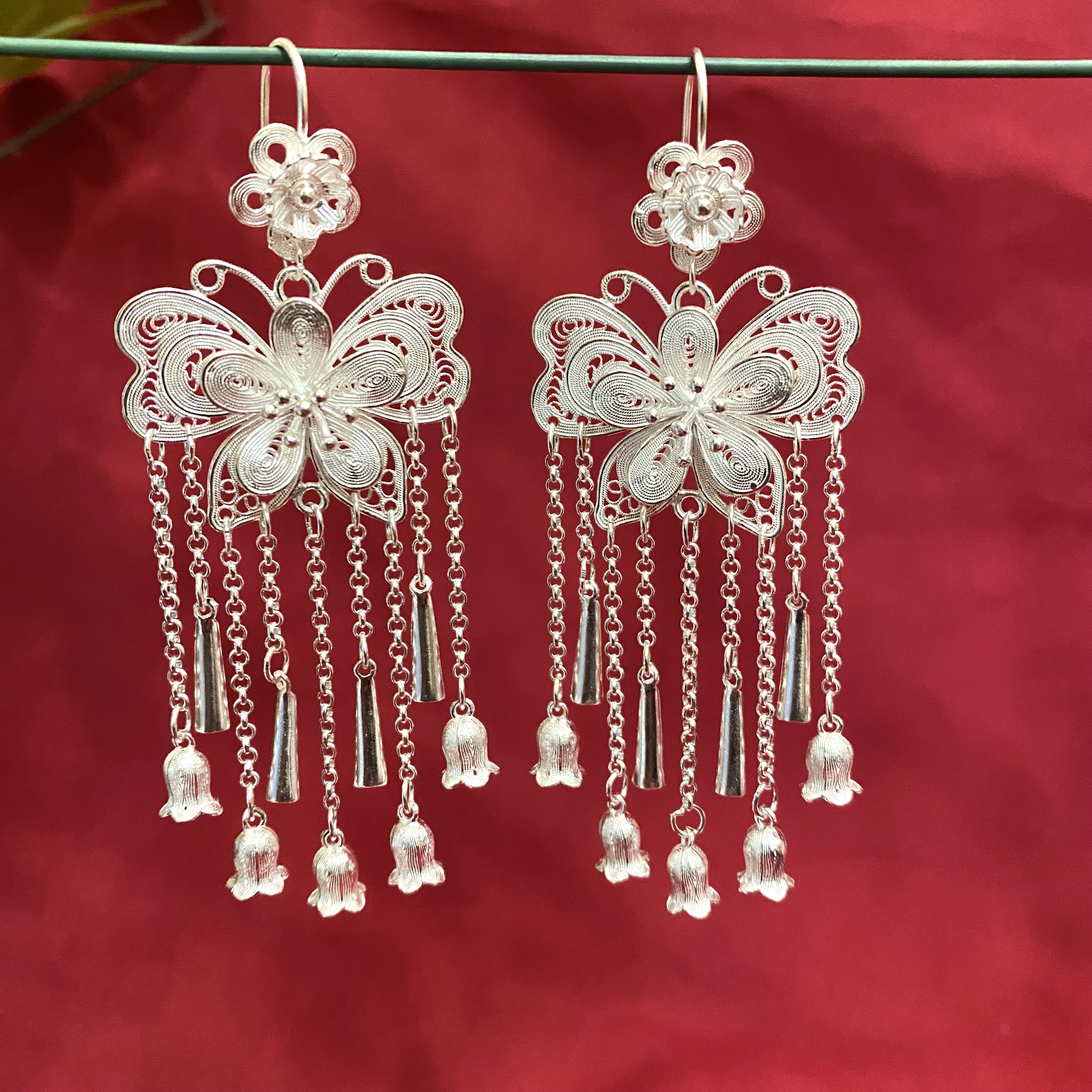 足银耳饰 佰利银饰足银大蝴蝶铃兰花流苏耳环气质复古古风长款