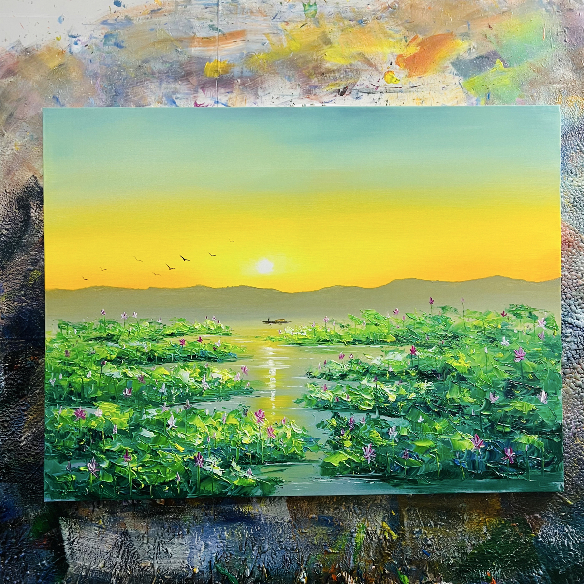 清晨荷塘挂画现代装饰画不含内框尺寸90.120cm