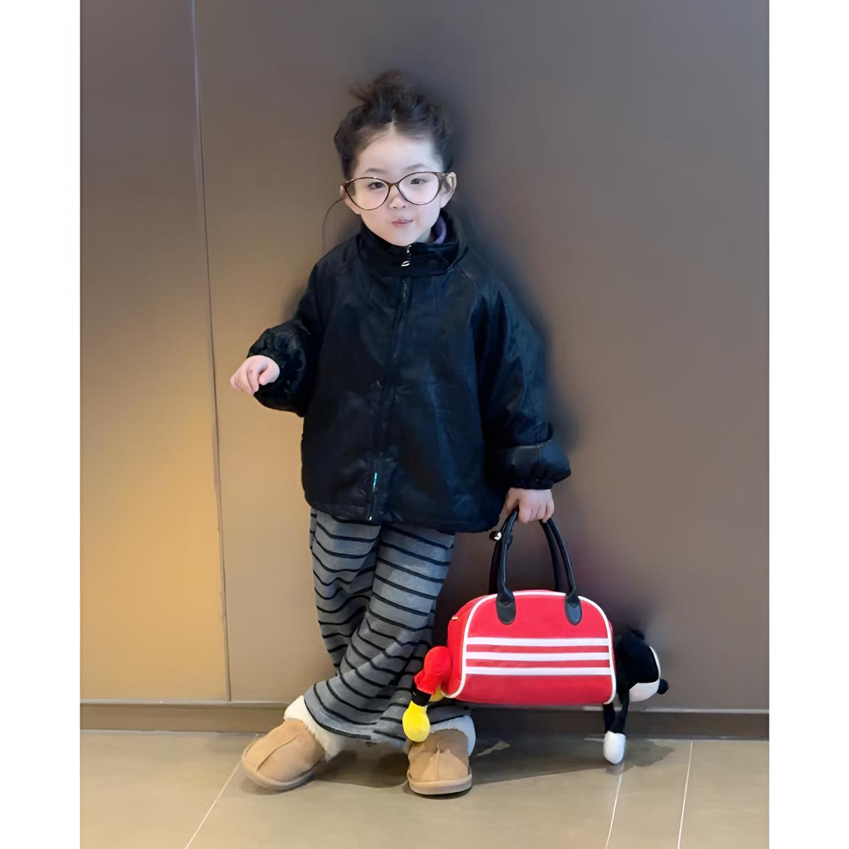 2025女童加厚绒立领软皮衣外套+时尚加厚绒条纹韩版百搭裤女宝