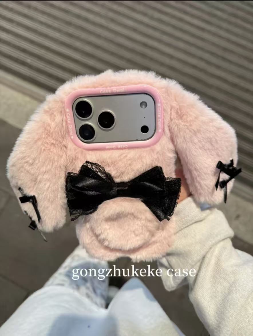 秋冬可爱蝴蝶结毛绒兔子适用16promax手机壳女款17少女16全包卡通