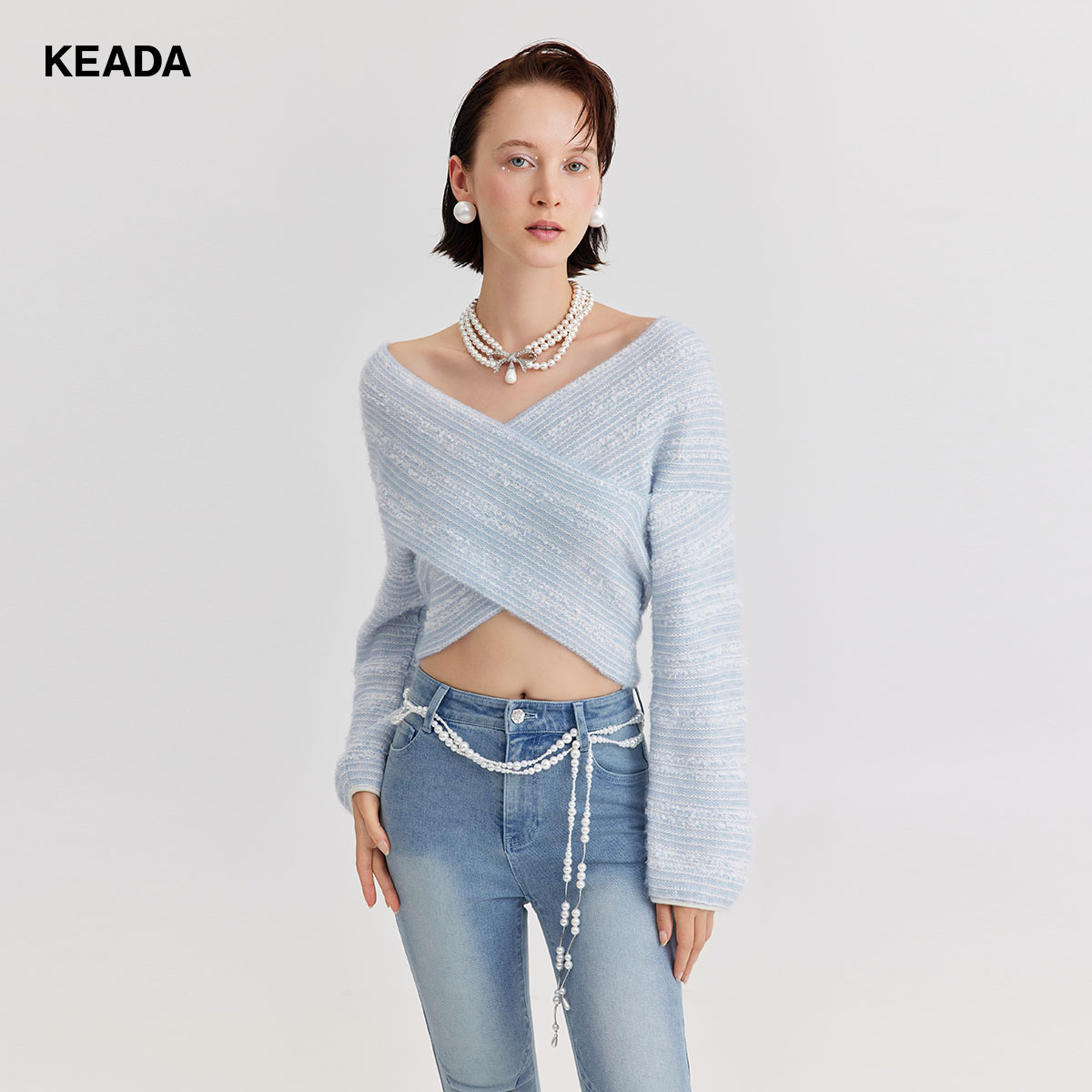 KEADA设计感交叠羊驼毛针织衫女羊毛衫上衣露脐装KSN3SW4355