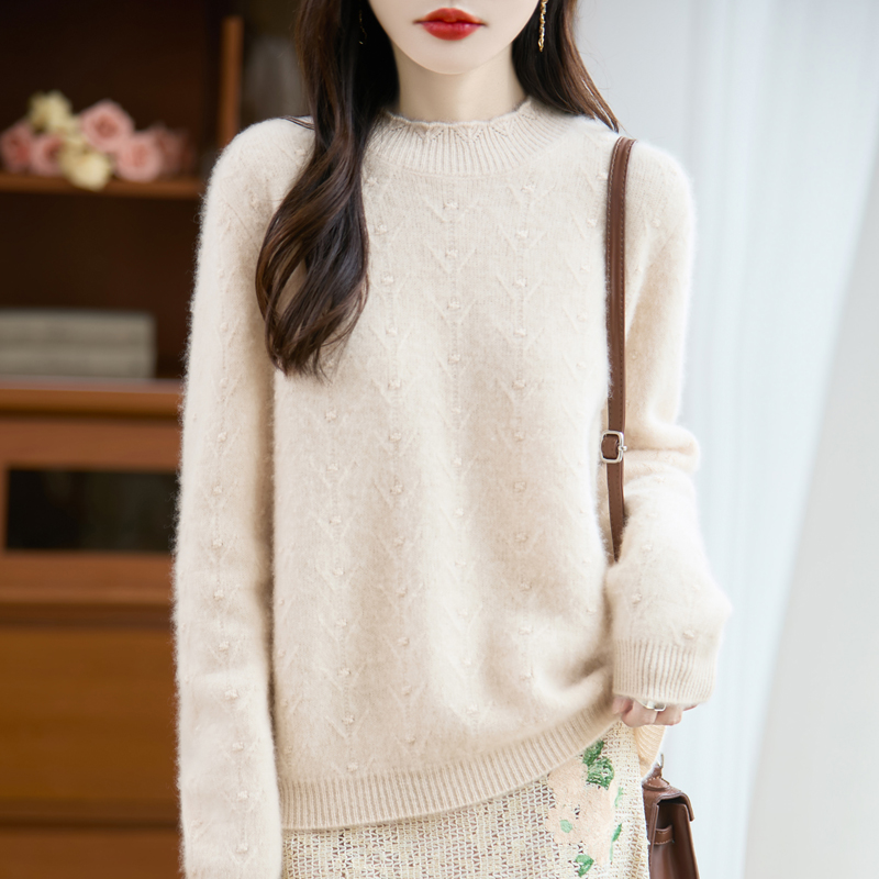 新款100%羊毛衫七针加厚鼓波花瓣圆领女时尚百搭针织套头打底衫