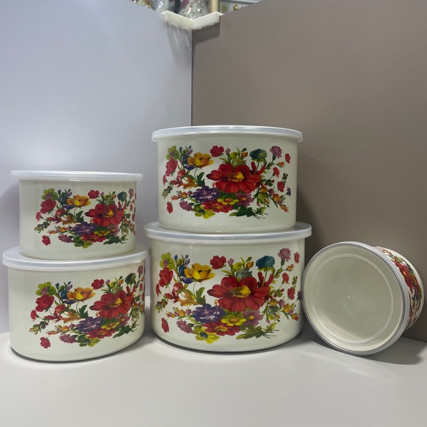 搪瓷保鲜碗五件套大容量家用食品级冰箱碗10.12.14.16.18CM带盖