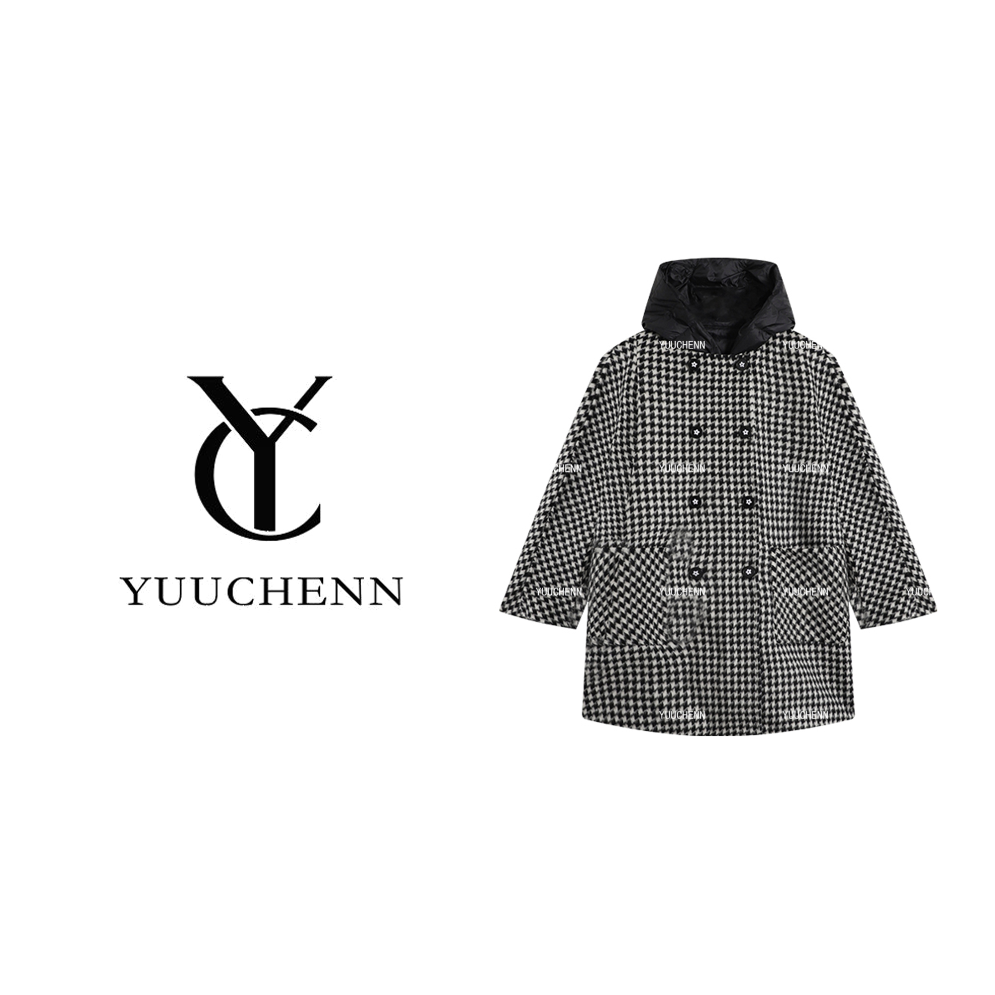 YUUCHENN 千鸟格连帽外套女秋冬潮流绵羊毛上衣百搭23C30603