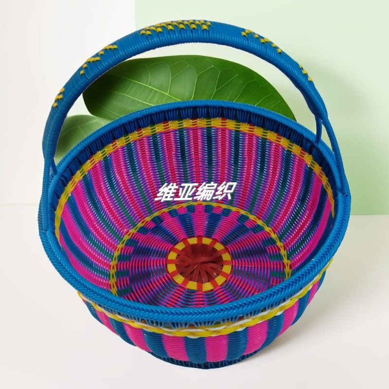 维亚编织 藤条编织 纯手工制作 菊花底圆篮子