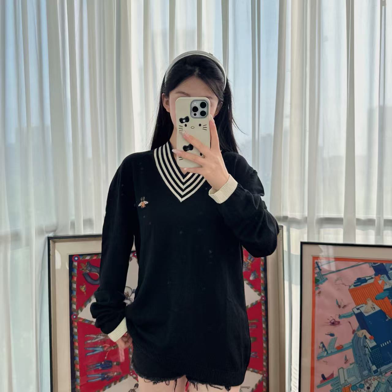 95新 GUCCI/古驰 麦殿/条纹长袖l码黑色/250611TYSBD24