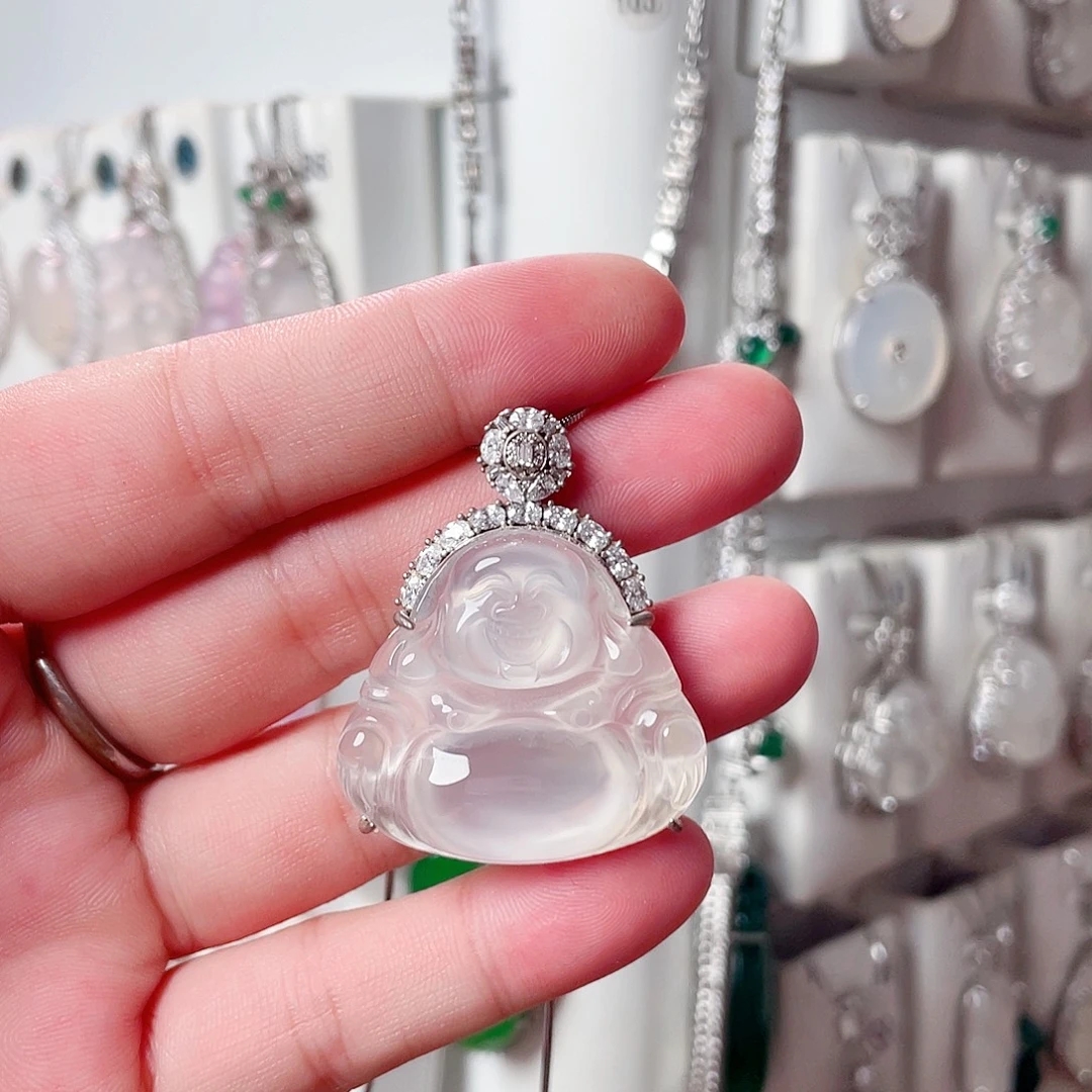 正品天然玉髓s925银白冰色大佛公吊坠