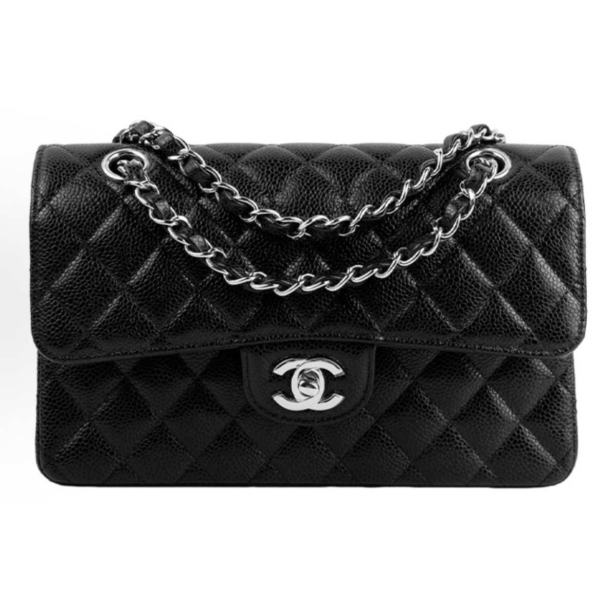 99新 Chanel/香奈儿 黑银CF中号荔枝纹单肩包腋下包21年芯片
