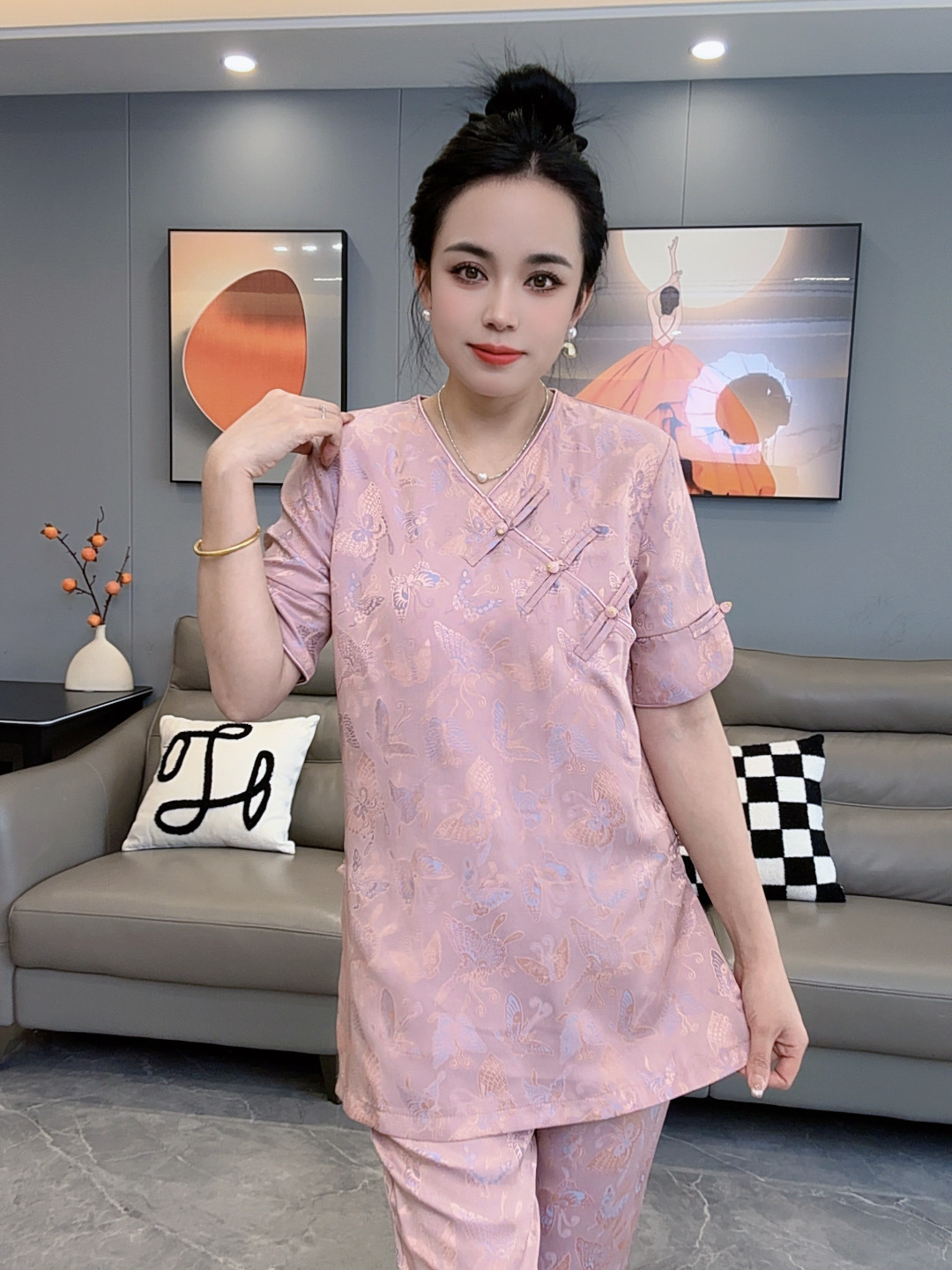 2025新中式时尚异色罗夏季新款提花短袖复古套装洋气薄款8593