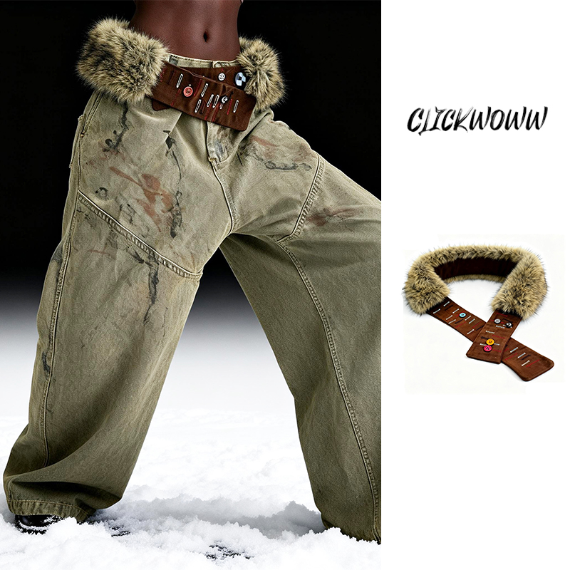 clickwoww 复古百搭长毛绒装饰纽扣皮带