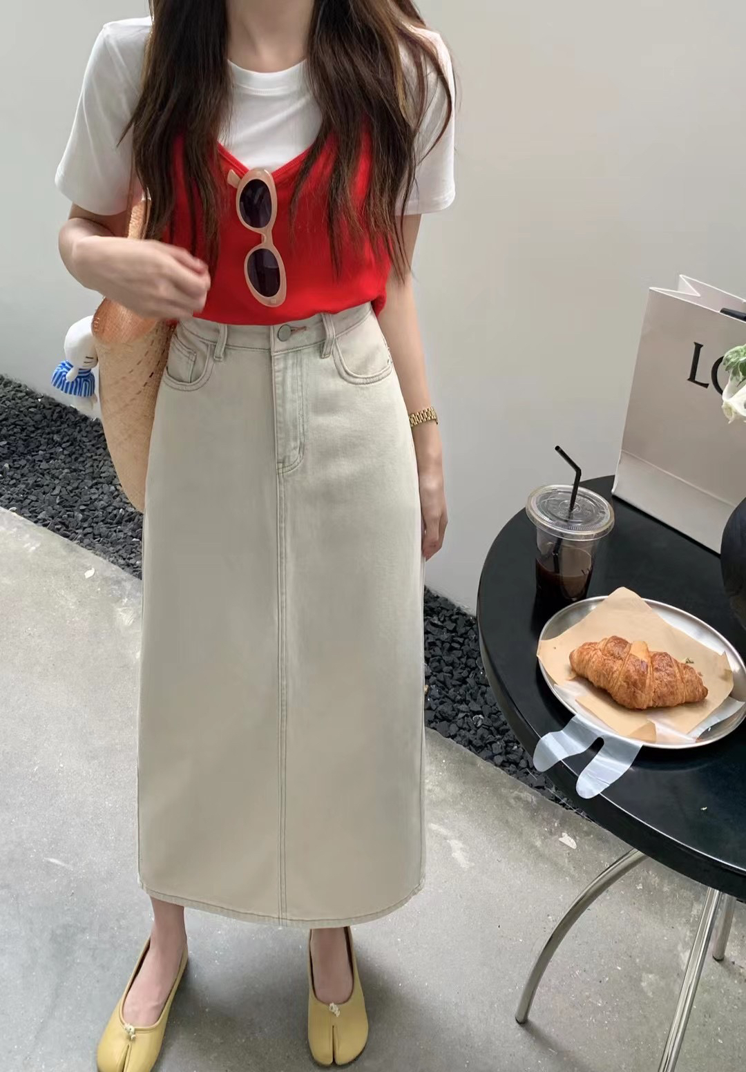 90030#卡其色遮胯半身裙显瘦百搭时尚牛仔长裙（偏大1码）