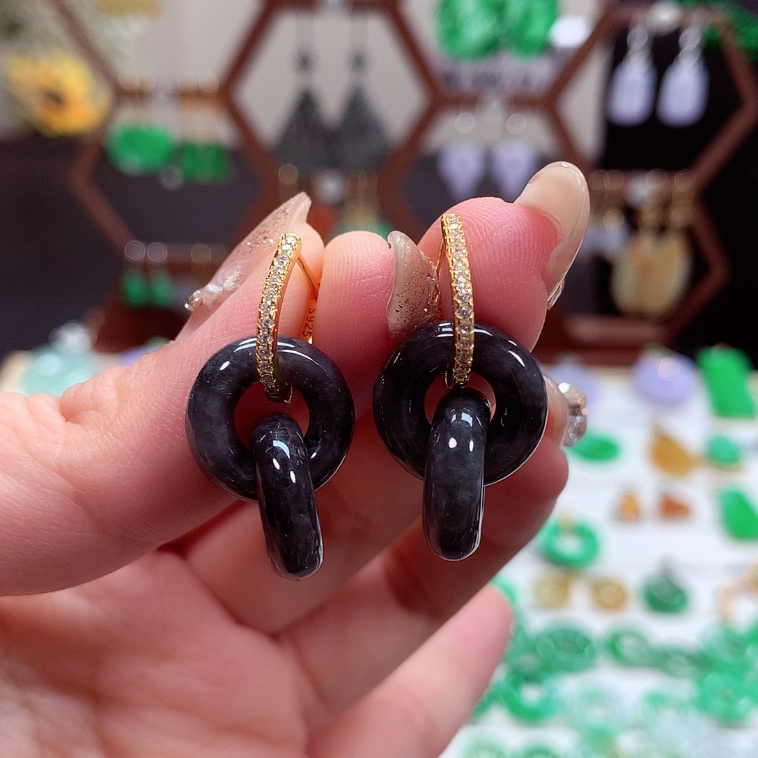 翡翠耳饰银S925镶嵌天然翡翠