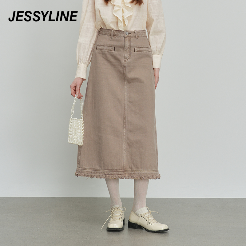 jessyline春季新款 杰茜莱时尚卡其色中长款a字牛仔半身裙