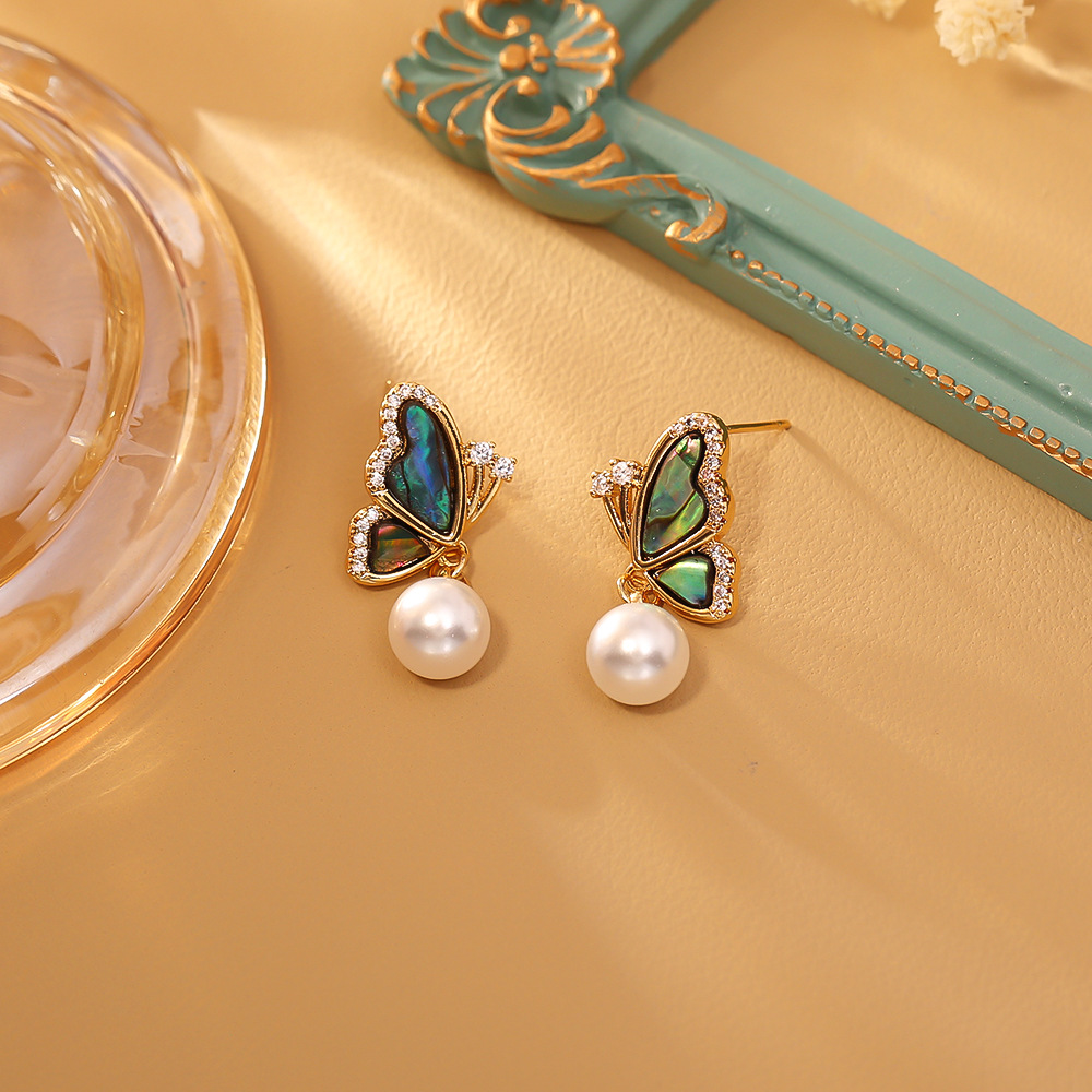 铜合金仿珍珠耳饰 天然淡水珍珠耳钉炫彩鲍鱼贝18K S925纯银耳针