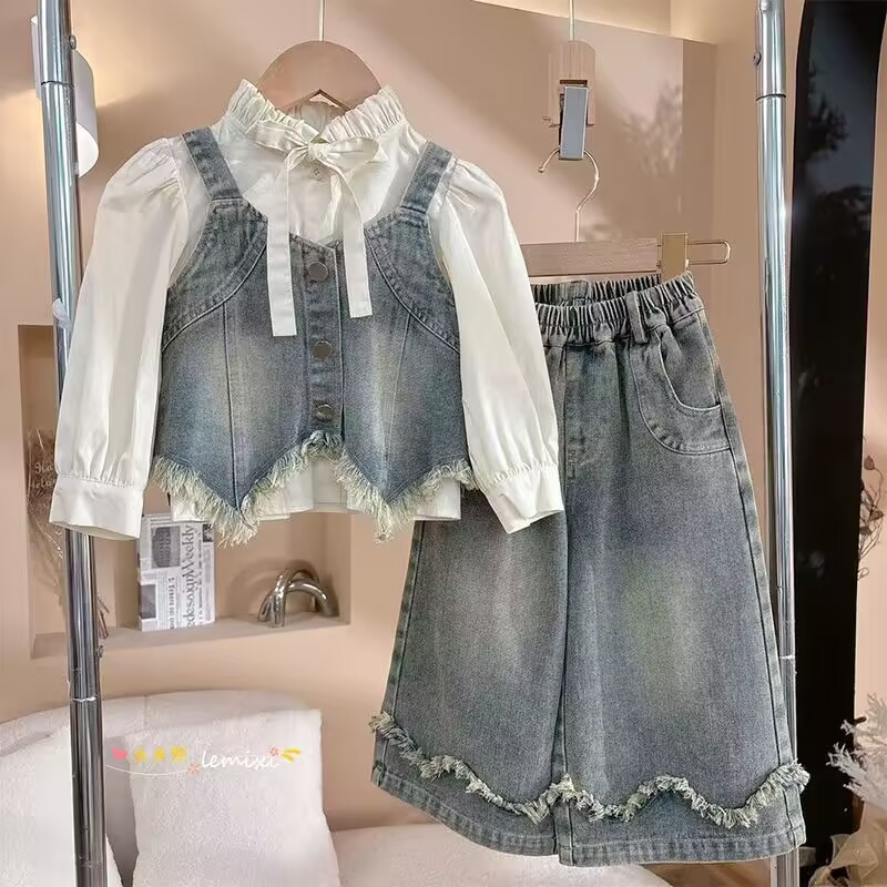 女童牛仔马甲套装衬衫牛仔裤三件套儿童春秋宝宝2025新款洋气网红