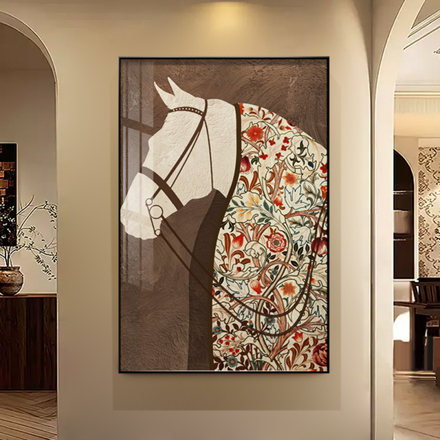 马到成功玄关装饰画高级感覆古客厅背景墙挂画中古风走廊过道壁画