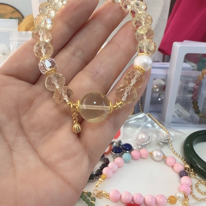 未镶嵌手链黄晶顶珠14.5刻面10左右天然结构