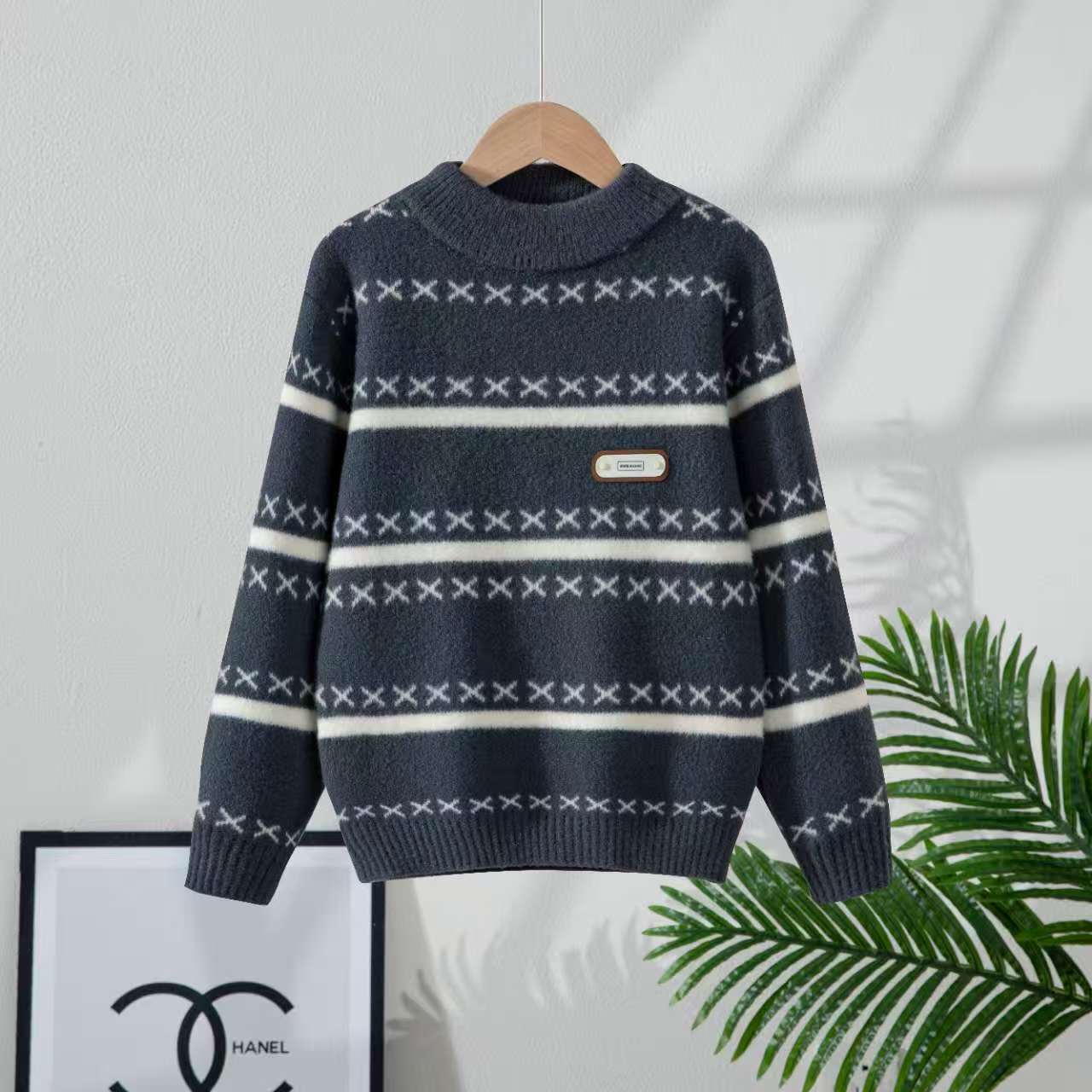 男童圆领2025新款轻职风毛衣文艺男童针织衫条纹加厚针织衫